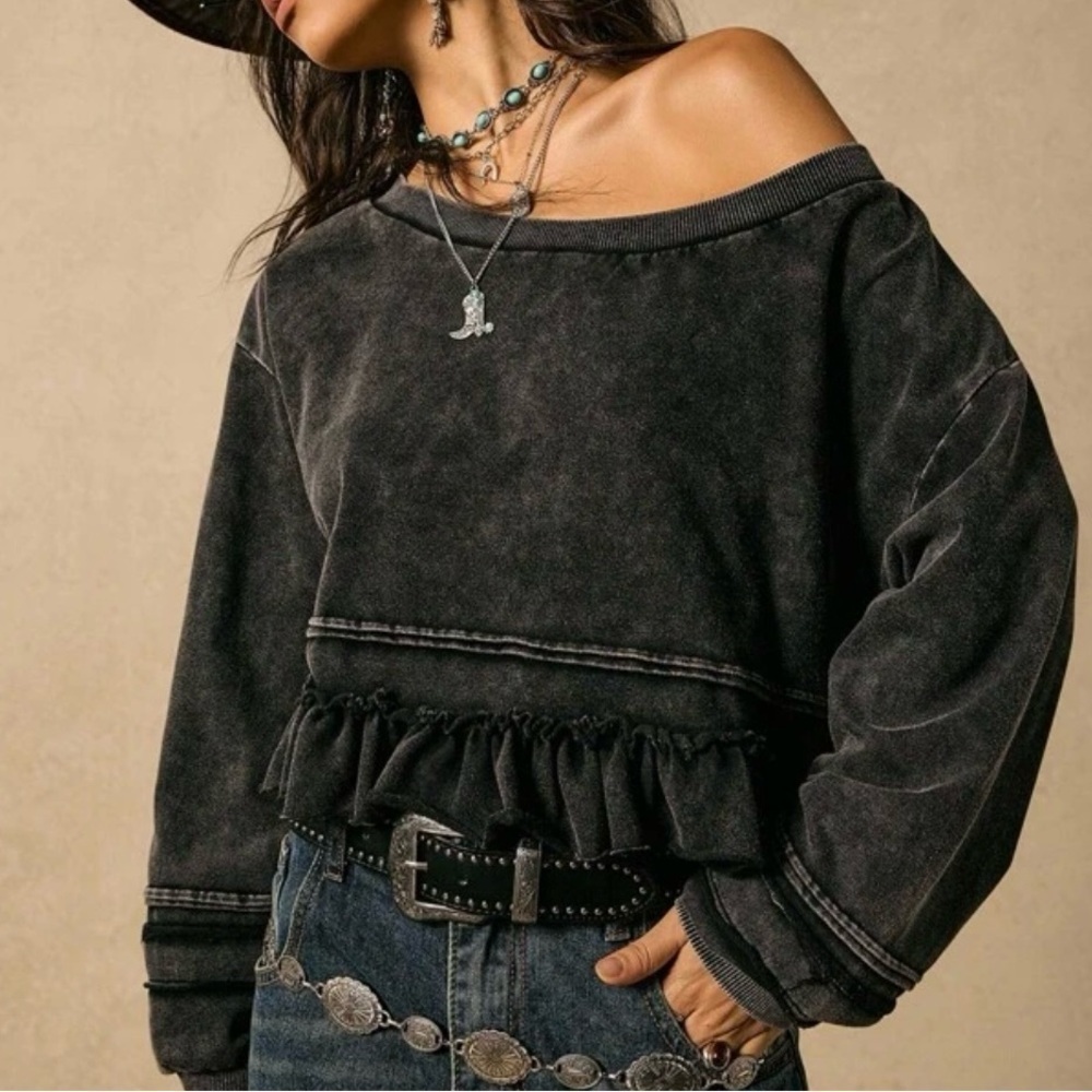 Black Off-Shoulder Ruffle Top - Picture 8 of 13